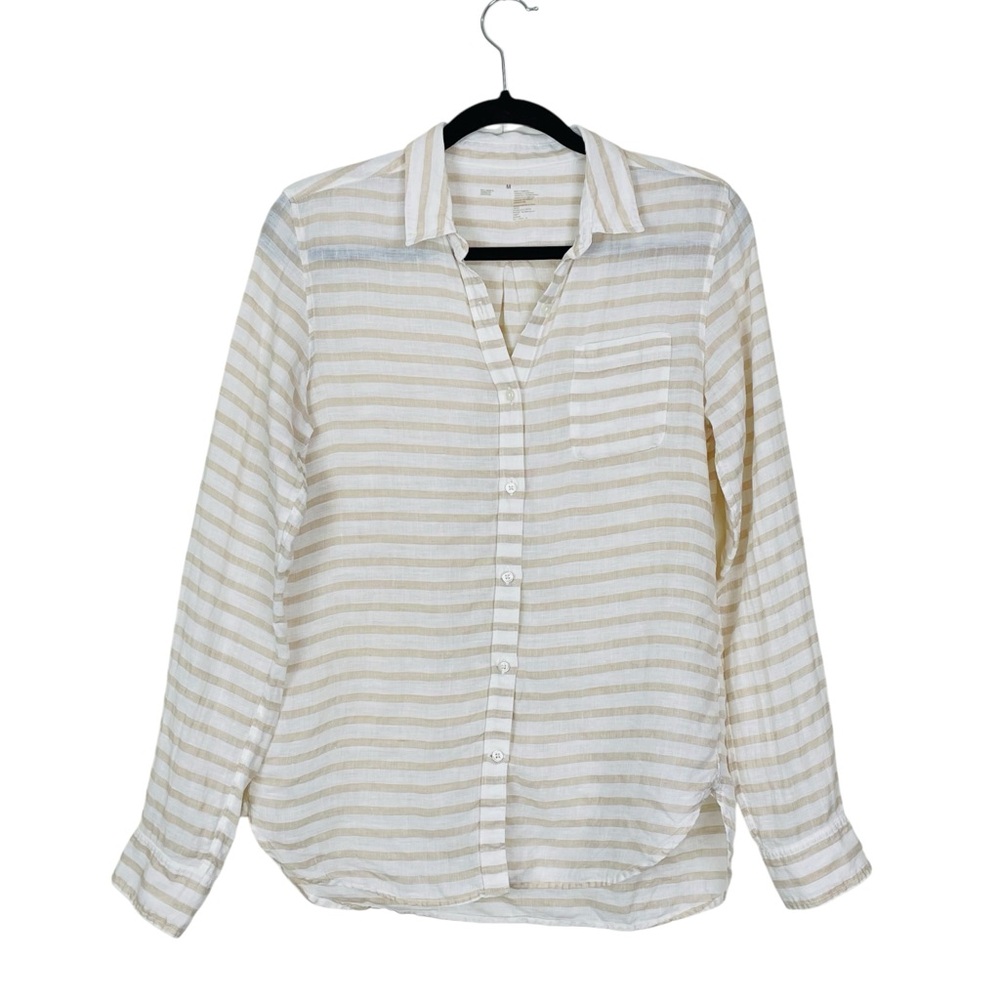 Muji Striped Long Sleeved Linen Top in Beige, White Size Medium